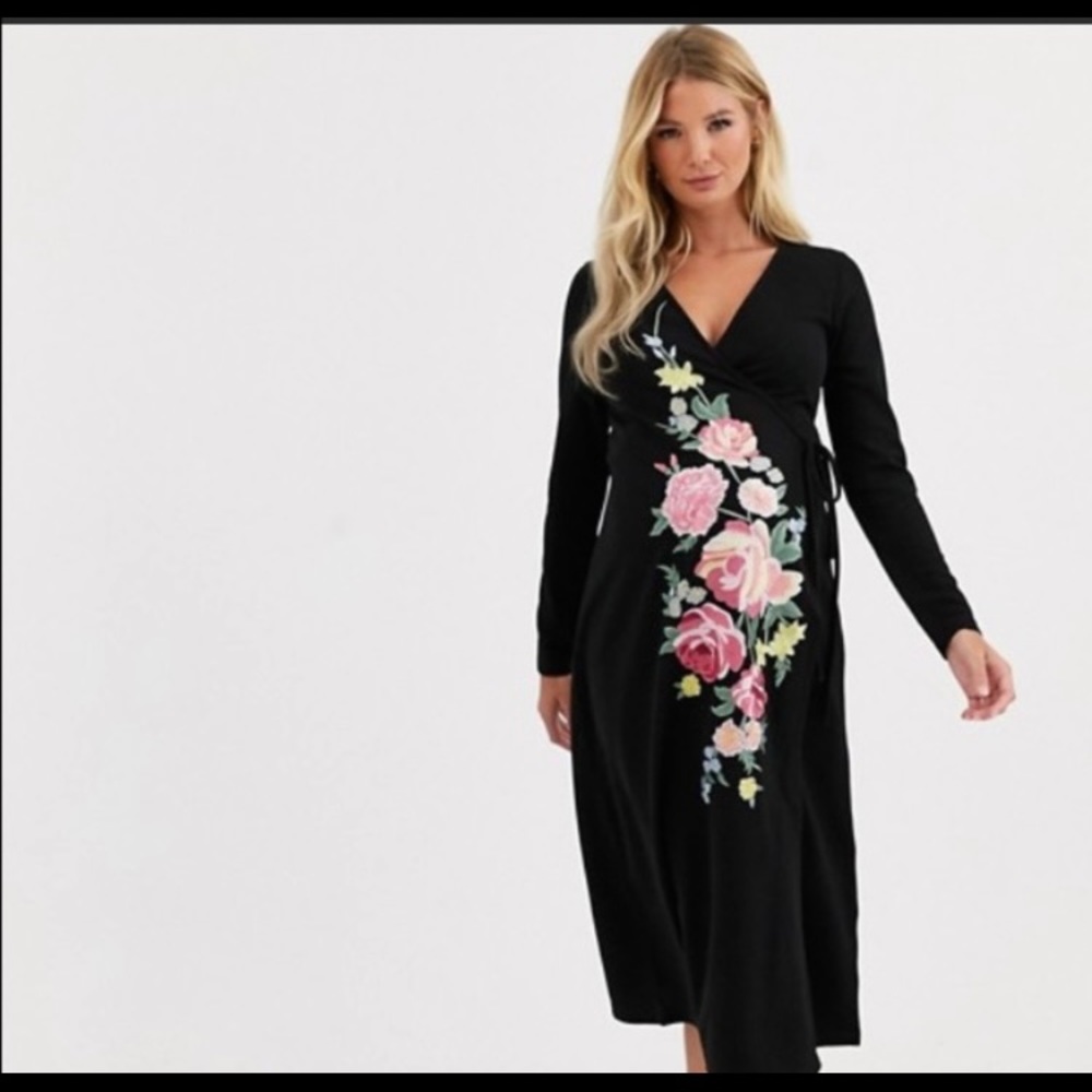 ASOS Maternity long embroidered wrap midi dress